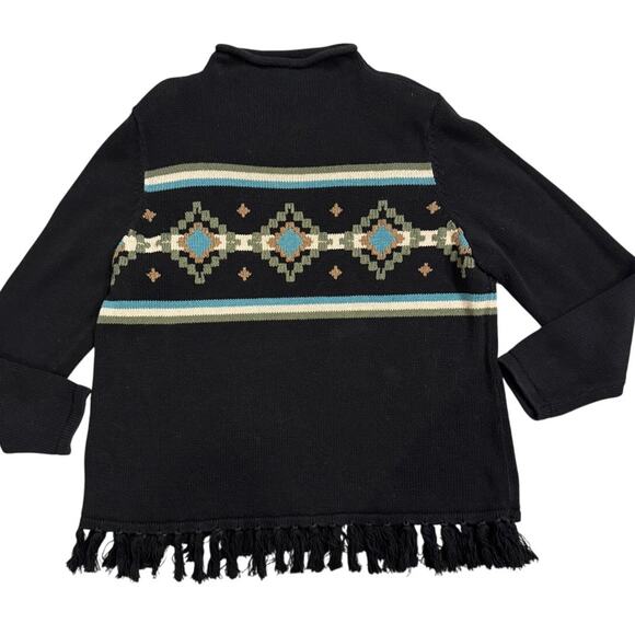 CJ Banks Black Fringe Hem Sweater Mock Neck Aztec Pattern Size X - Picture 1 of 4